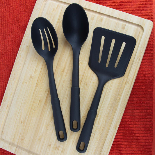 3-piece kitchen utensil set, slotted spatula, slotted spoon and solid spoon, black, nylon